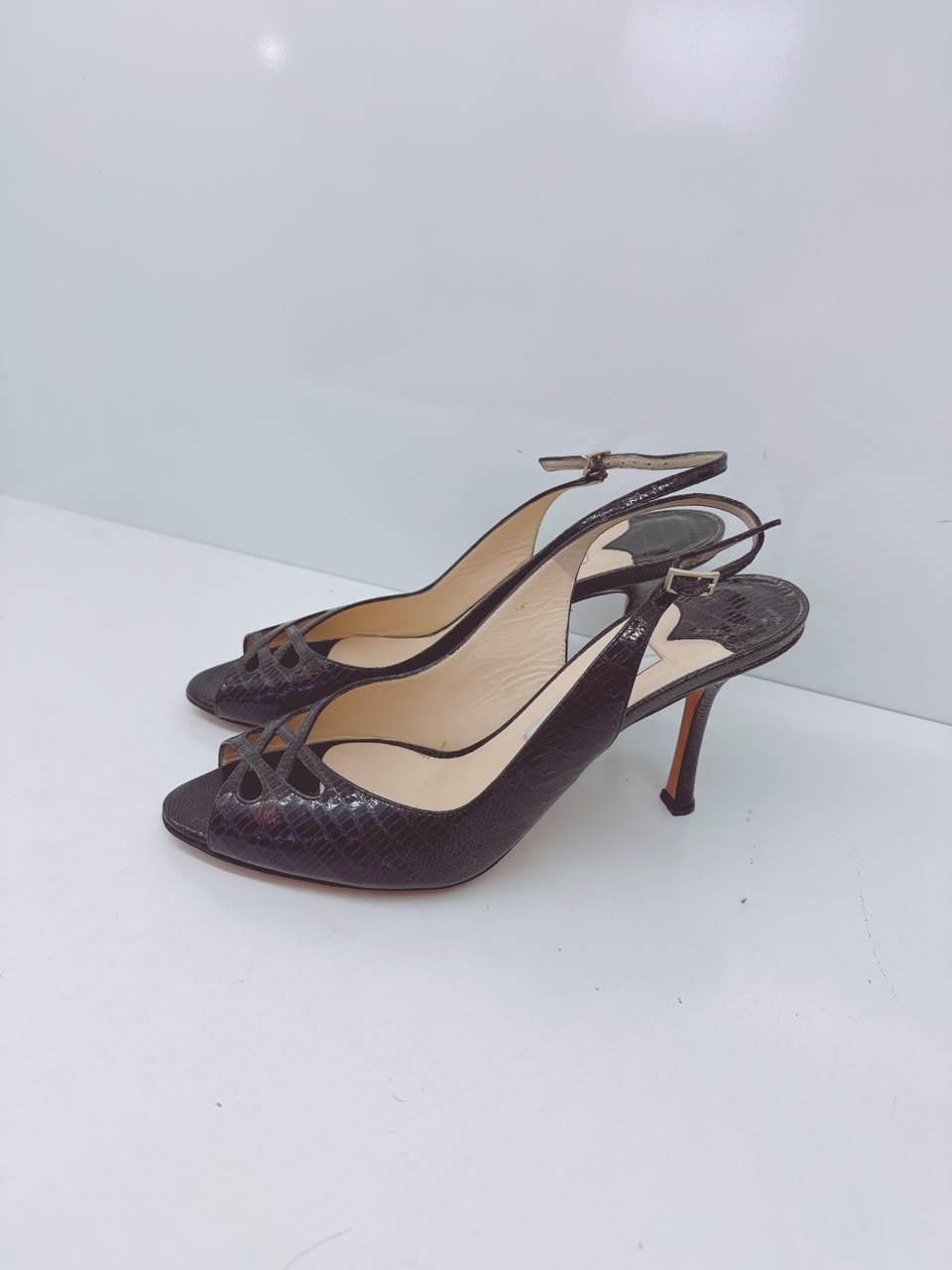 BLACK WATERSNAKE LEATHER SLINGBACK PUMPS 39.5