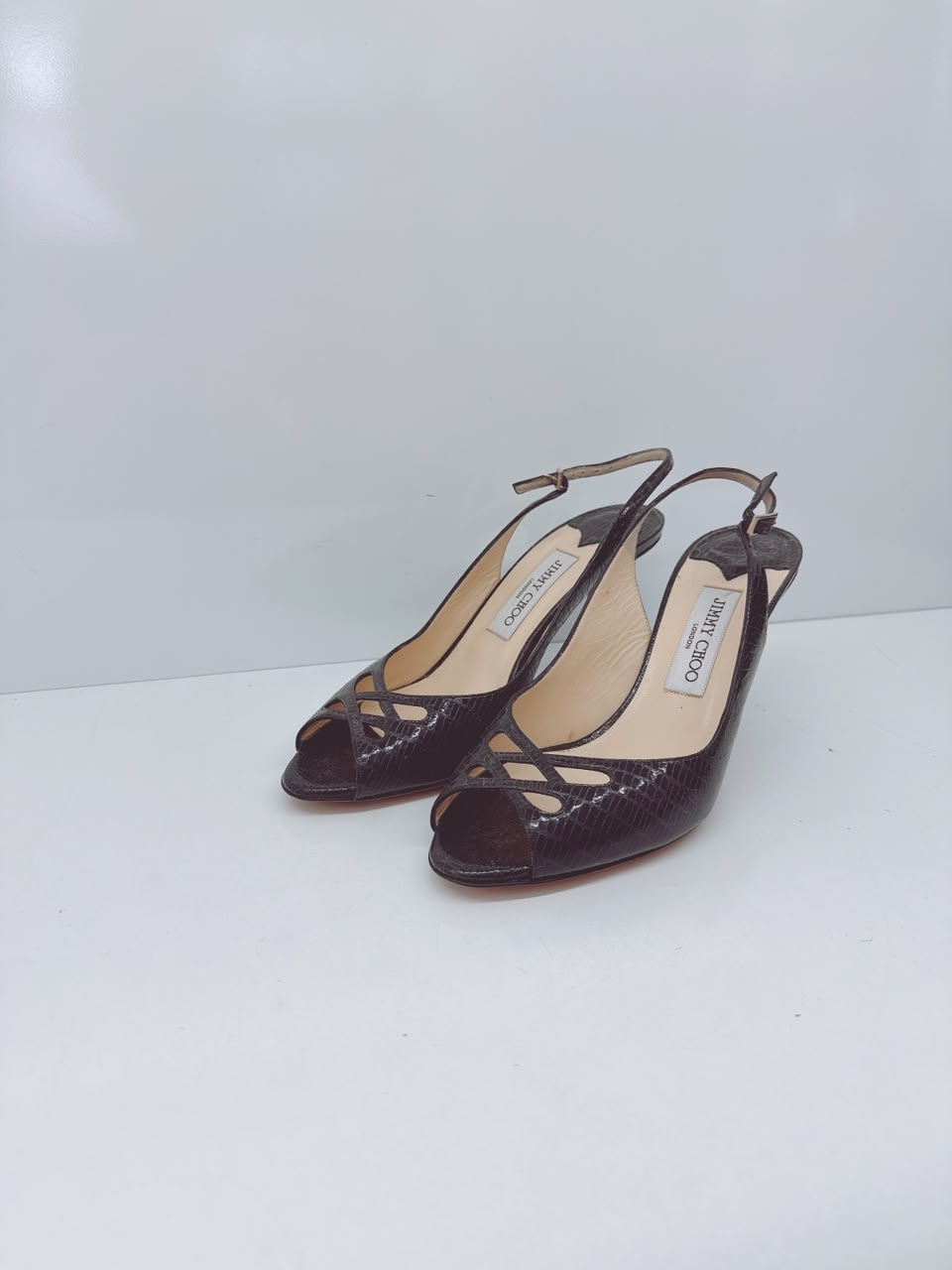 BLACK WATERSNAKE LEATHER SLINGBACK PUMPS 39.5
