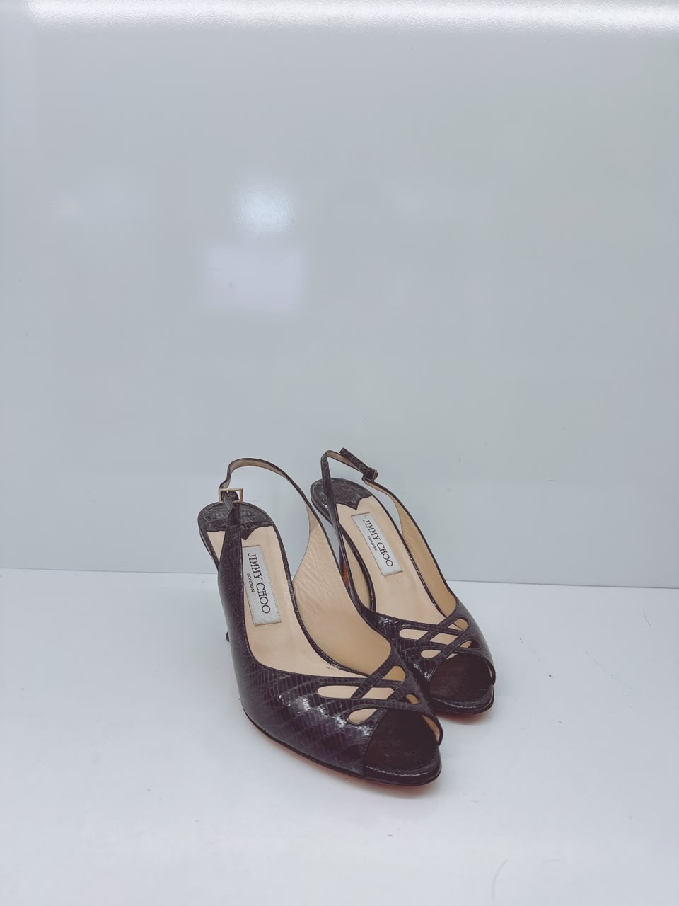 BLACK WATERSNAKE LEATHER SLINGBACK PUMPS 39.5
