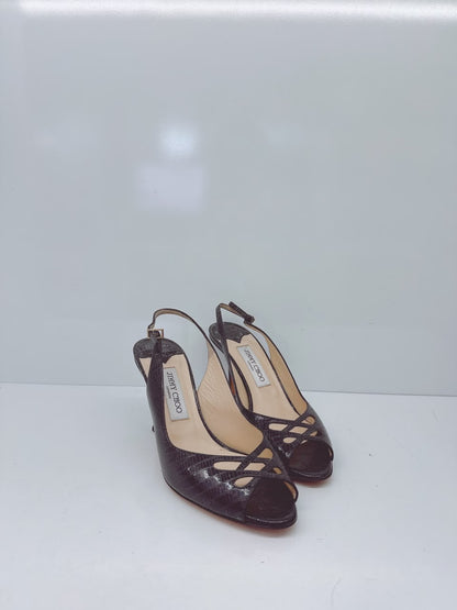 BLACK WATERSNAKE LEATHER SLINGBACK PUMPS 39.5