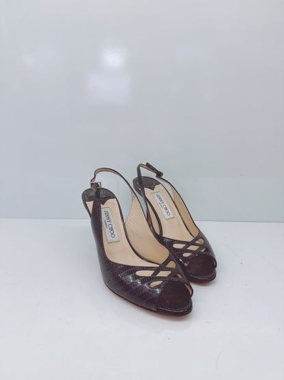 BLACK WATERSNAKE LEATHER SLINGBACK PUMPS 39.5