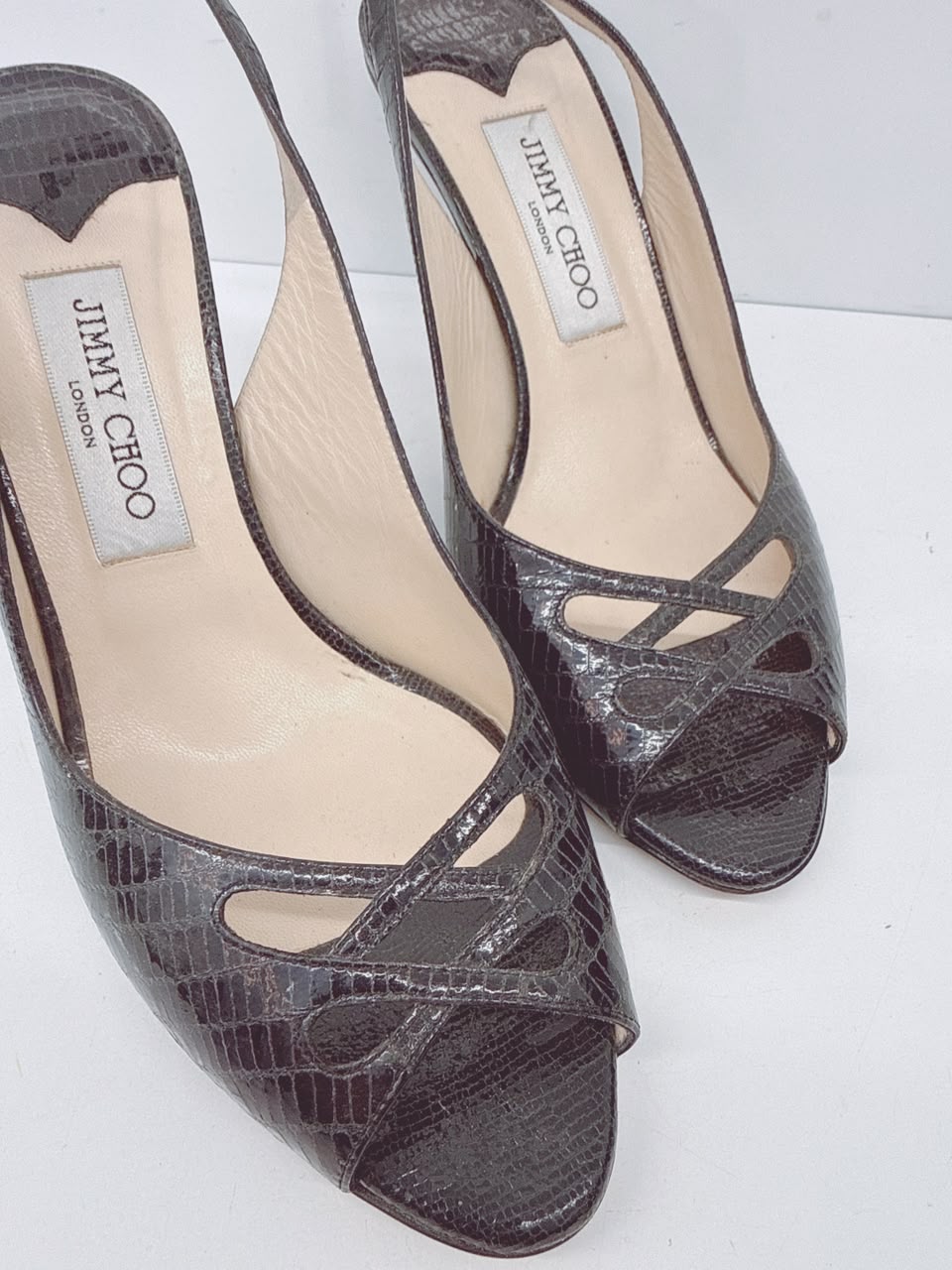 BLACK WATERSNAKE LEATHER SLINGBACK PUMPS 39.5
