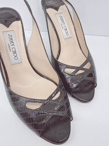 BLACK WATERSNAKE LEATHER SLINGBACK PUMPS 39.5