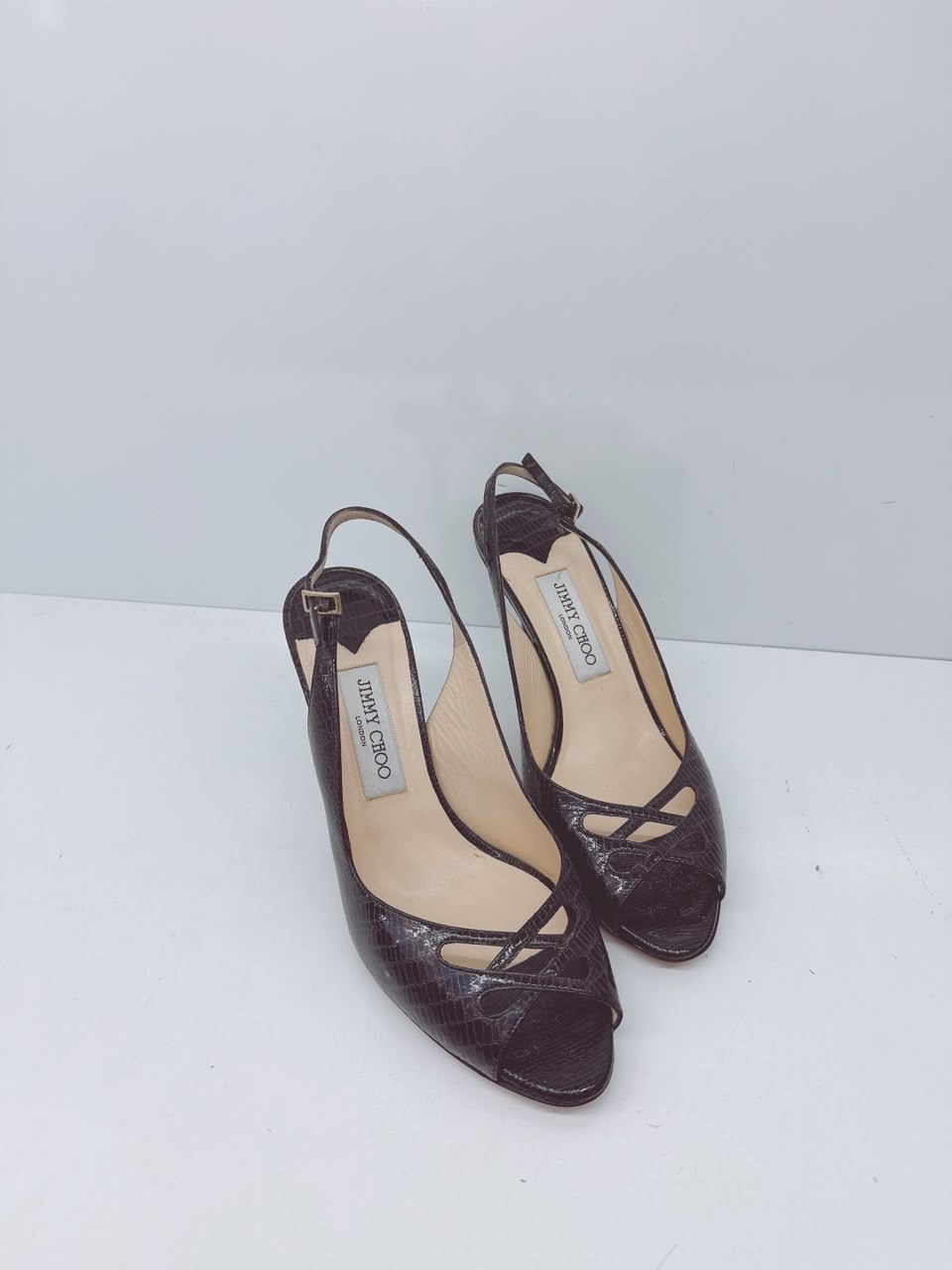 BLACK WATERSNAKE LEATHER SLINGBACK PUMPS 39.5