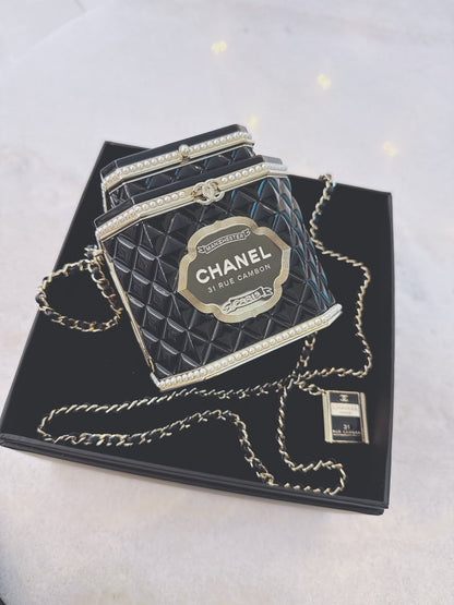 LIMITED EDITION BLACK QUILTED RESIN TEA BOX MINAUDIERE IMITATION PEARL GOLD HARDWARE