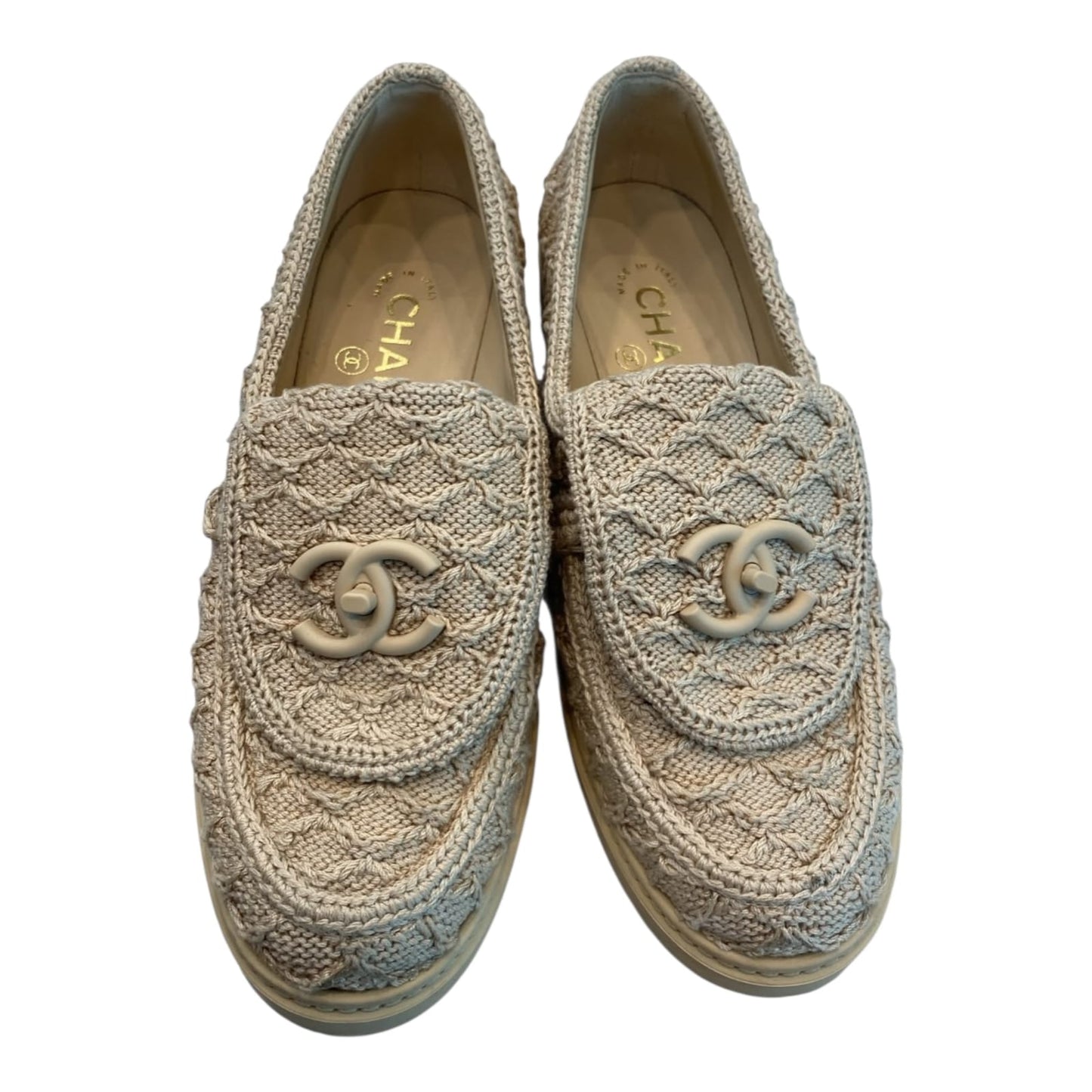 BEIGE KNIT QUILTED TEXTURED CC TURNLOCK LOAFERS 36C
