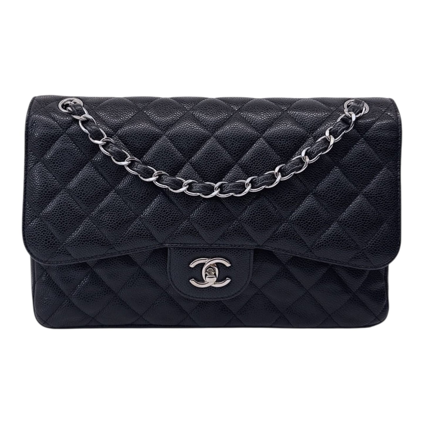 BLACK QUILTED CAVIAR LEATHER LARGE CLASSIC DOUBLE FLAP HANDBAG SILVER HARDWARE