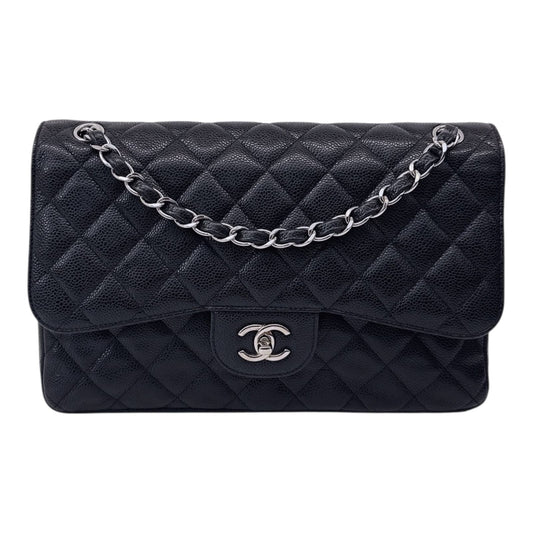 BLACK QUILTED CAVIAR LEATHER LARGE CLASSIC DOUBLE FLAP HANDBAG SILVER HARDWARE