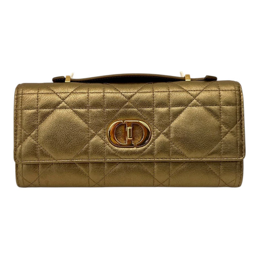 METALLIC GOLD TONE MACROCANNAGE CALFSKIN LEATHER CARO TOP HANDLE POUCH
