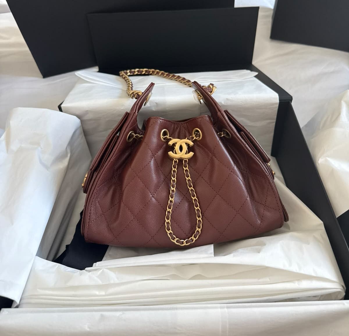 CHOCOLATE BROWN CAVIAR CHANEL 25 MINI HANDBAG GOLD HARDWARE