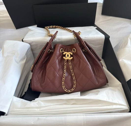 CHOCOLATE BROWN CAVIAR CHANEL 25 MINI HANDBAG GOLD HARDWARE