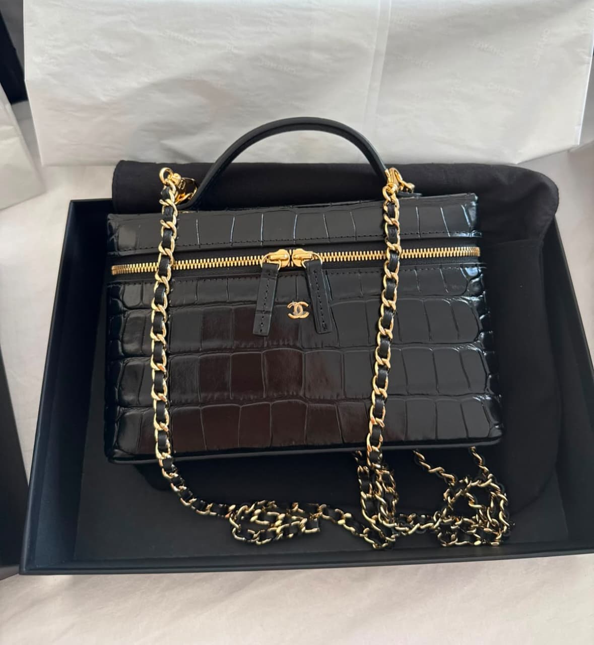BLACK CROCODILE EMBOSSED CALFSKIN TOP HANDLE VANITY WITH CHAIN GOLD HARDWARE