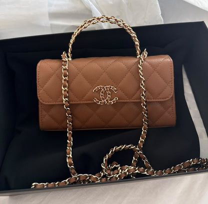 BROWN CAVIAR QUILTED CHAIN MATCH TOP HANDLE PHONE WITH CHAIN