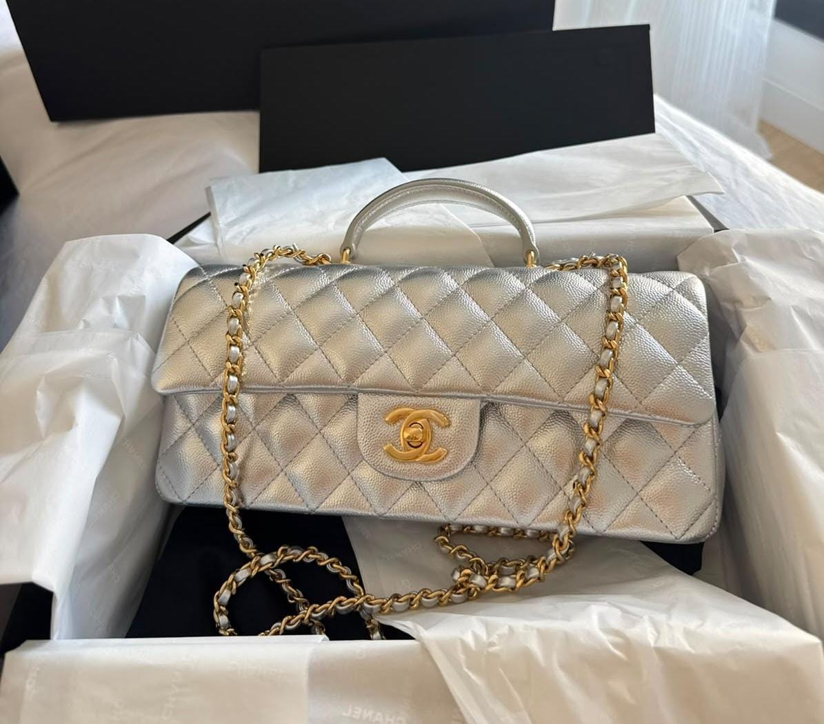SILVER CAVIAR QUILTED CLASSIC TOP HANDLE EAST WEST FLAP BAG