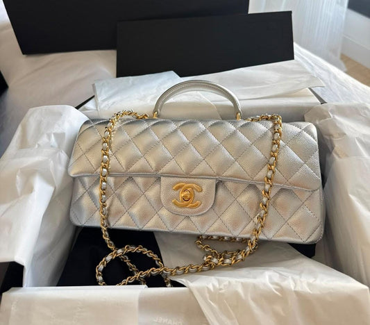 SILVER CAVIAR QUILTED CLASSIC TOP HANDLE EAST WEST FLAP BAG