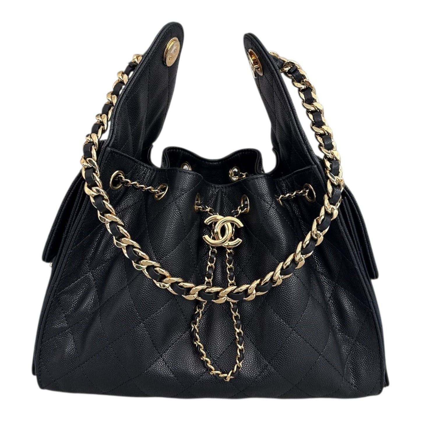 BLACK GRAINED CALFSKIN AND GOLD TONE METAL CHANEL 25 SMALL HANDBAG