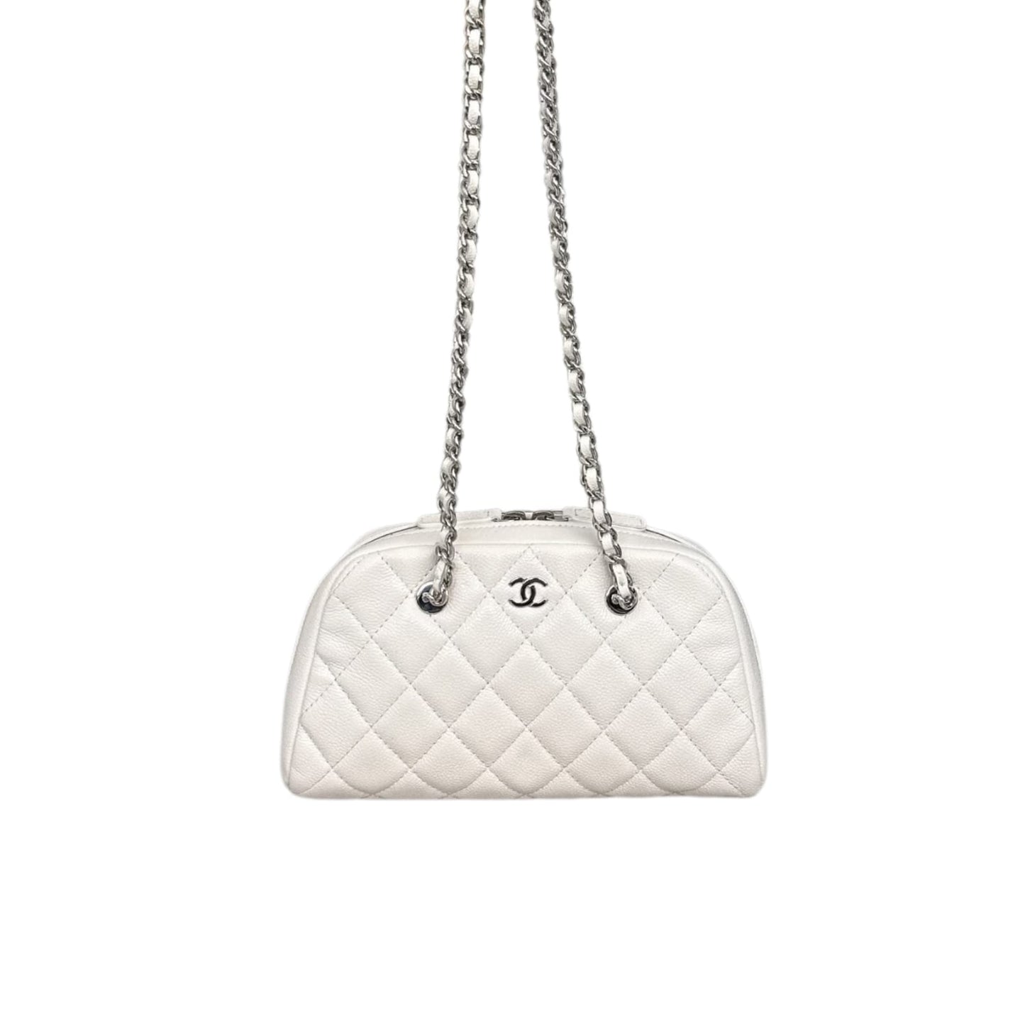 WHITE GRAINED CALFSKIN CC MADEMOISSELLE MINI BOWLING BAG