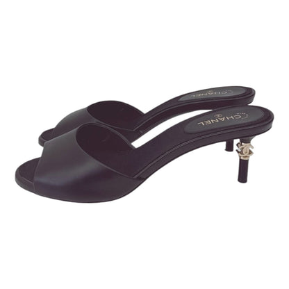 BLACK LEATHER CC HEEL SLIDE SANDALS 38.5C