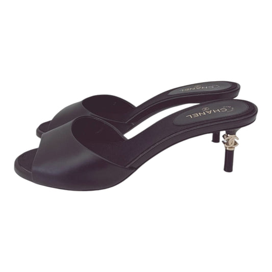 BLACK LEATHER CC HEEL SLIDE SANDALS 38.5C