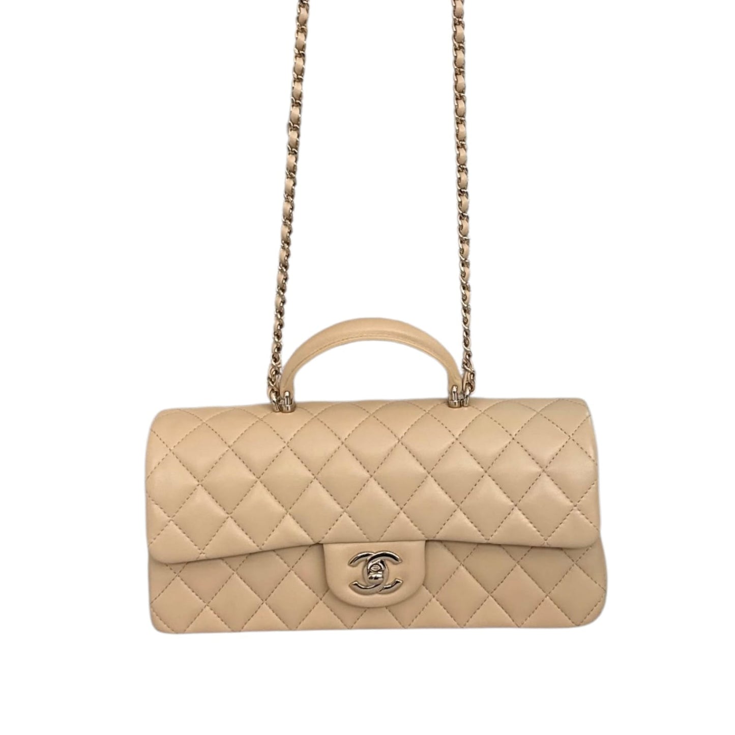 BEIGE QUILTED LAMBSKIN LEATHER CLASSIC TOP HANDLE EAST WEST FLAP GOLD-TONE HARDWARE BAG