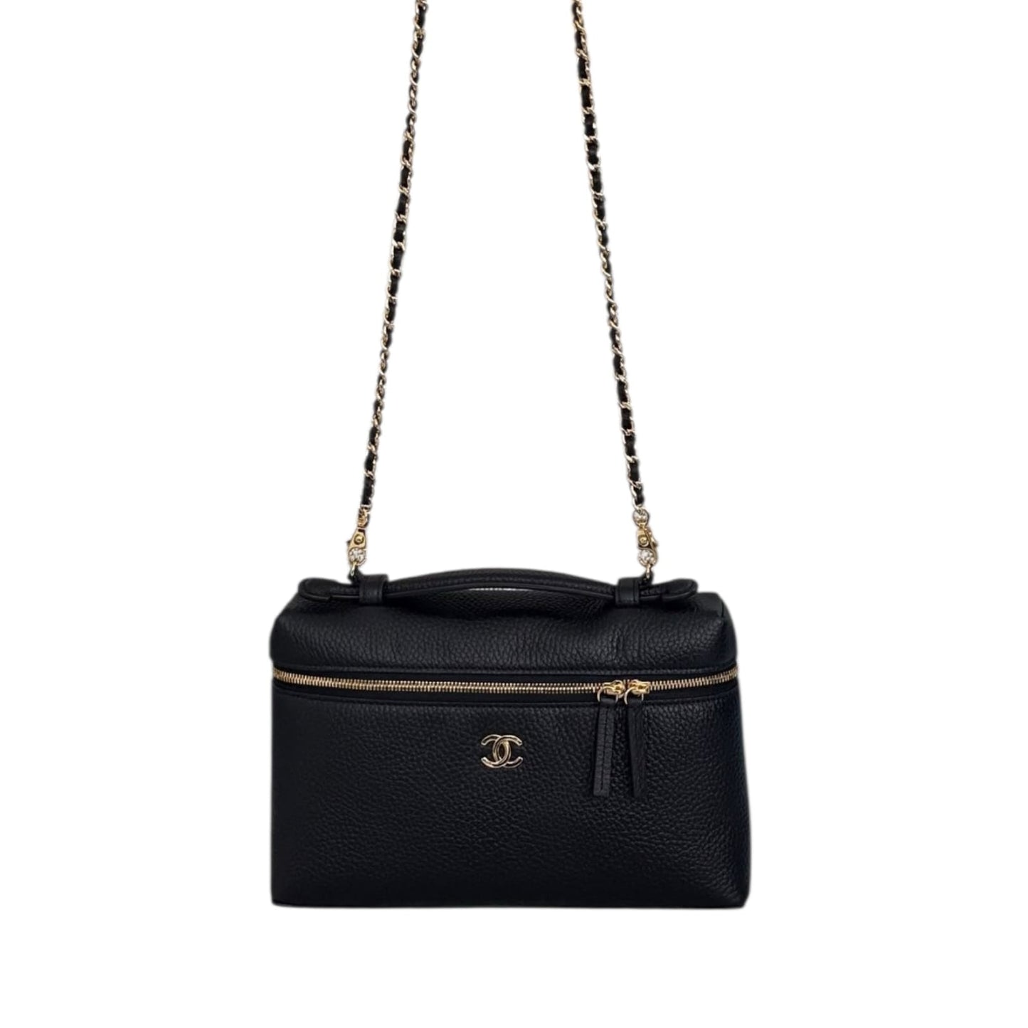 BLACK GRAINED CALFSKIN LEATHER LARGE VANITY WITH GOLD-TONE CHAIN