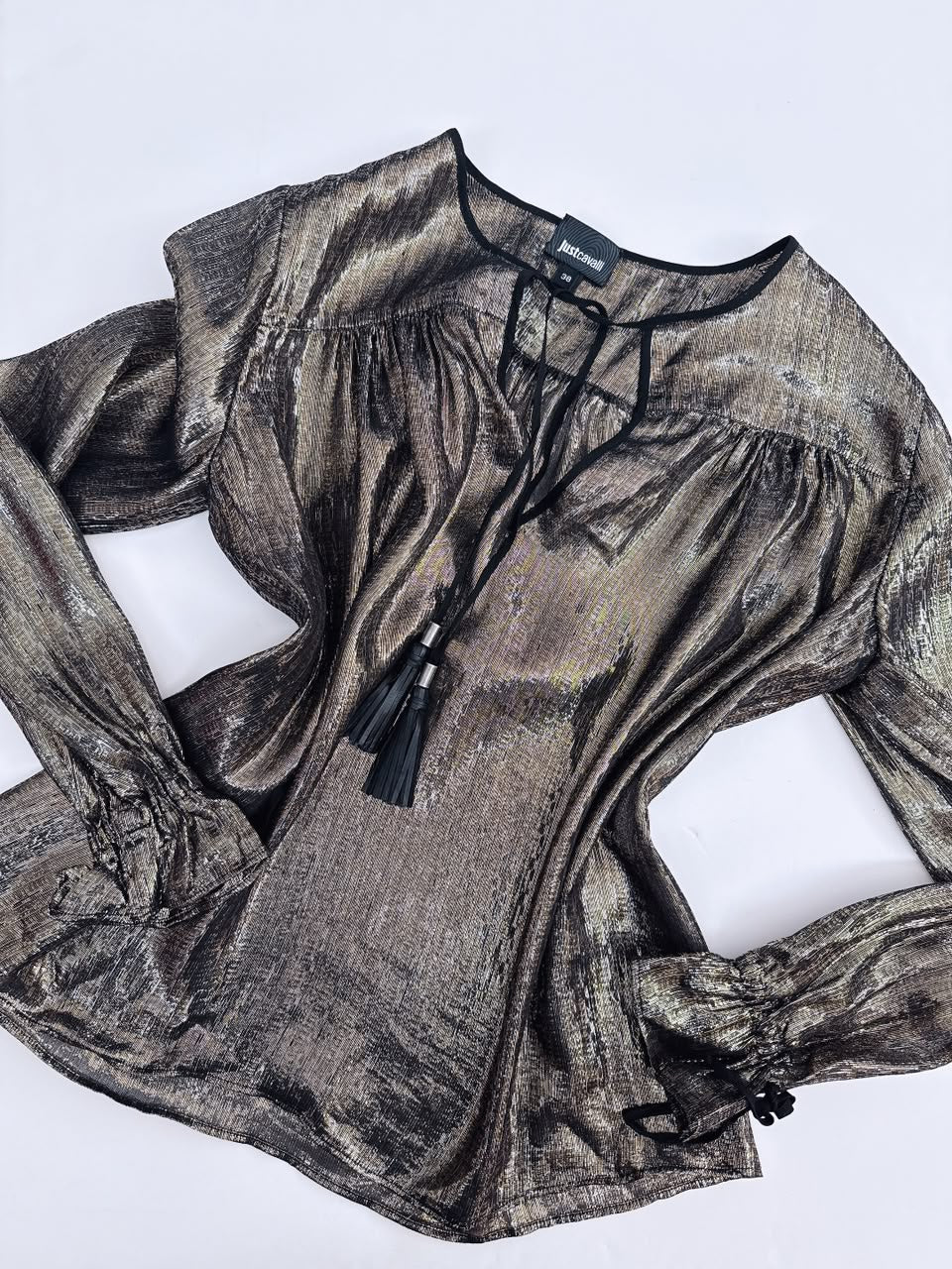 GOLD METALLIC LONG SLEEVES TASSEL DETAIL BLOUSE 38