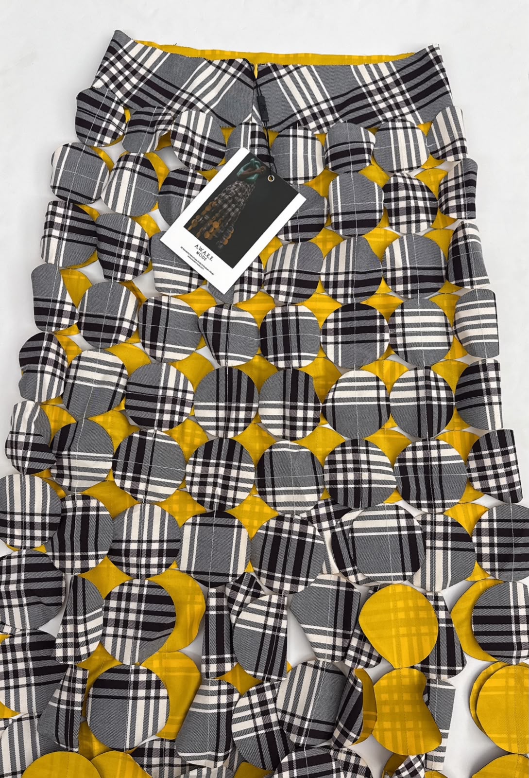 GREY IVORY CHECK YELLOW LASERCUT GABARDINE MULTI CIRCLE SKIRT 38