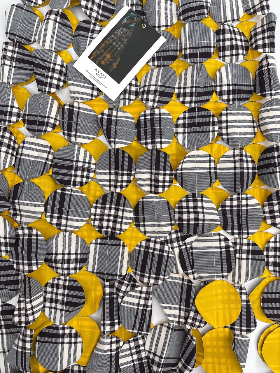 GREY IVORY CHECK YELLOW LASERCUT GABARDINE MULTI CIRCLE SKIRT 38
