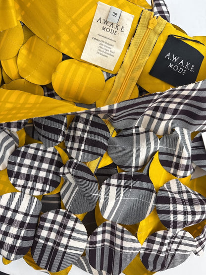 GREY IVORY CHECK YELLOW LASERCUT GABARDINE MULTI CIRCLE SKIRT 38