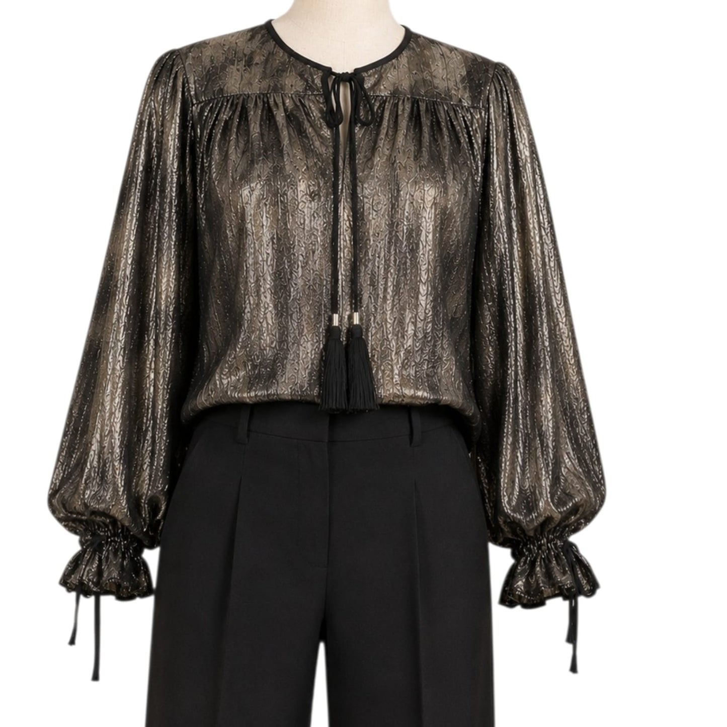 GOLD METALLIC LONG SLEEVES TASSEL DETAIL BLOUSE 38