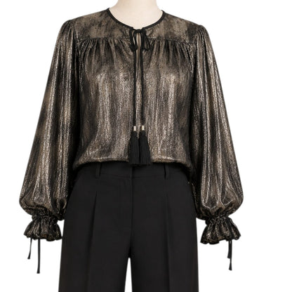 GOLD METALLIC LONG SLEEVES TASSEL DETAIL BLOUSE 38