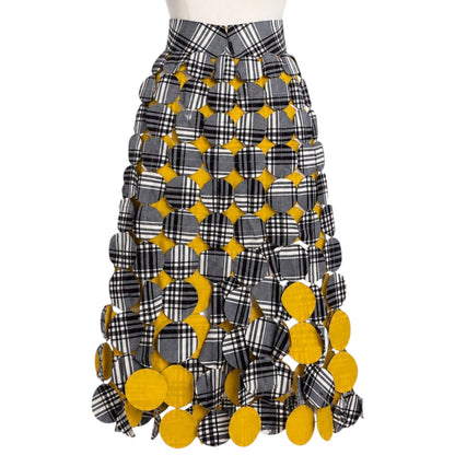 GREY IVORY CHECK YELLOW LASERCUT GABARDINE MULTI CIRCLE SKIRT 38