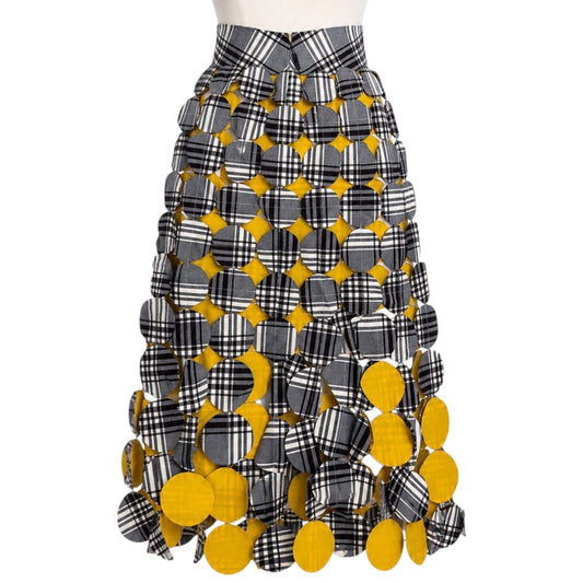 GREY IVORY CHECK YELLOW LASERCUT GABARDINE MULTI CIRCLE SKIRT 38