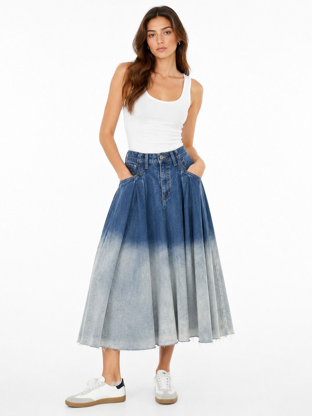 BLUE OMBRE PLEATED DENIM MIDI SKIRT US2