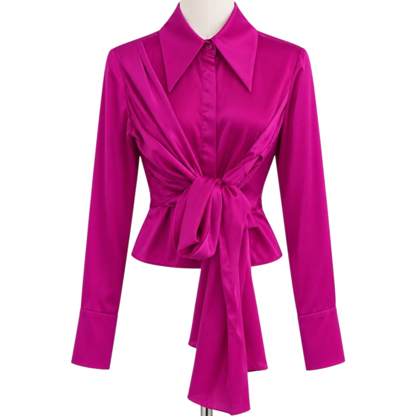 PINK WAIST TIE OVERSIZED COLLAR SATIN SHIRT 8