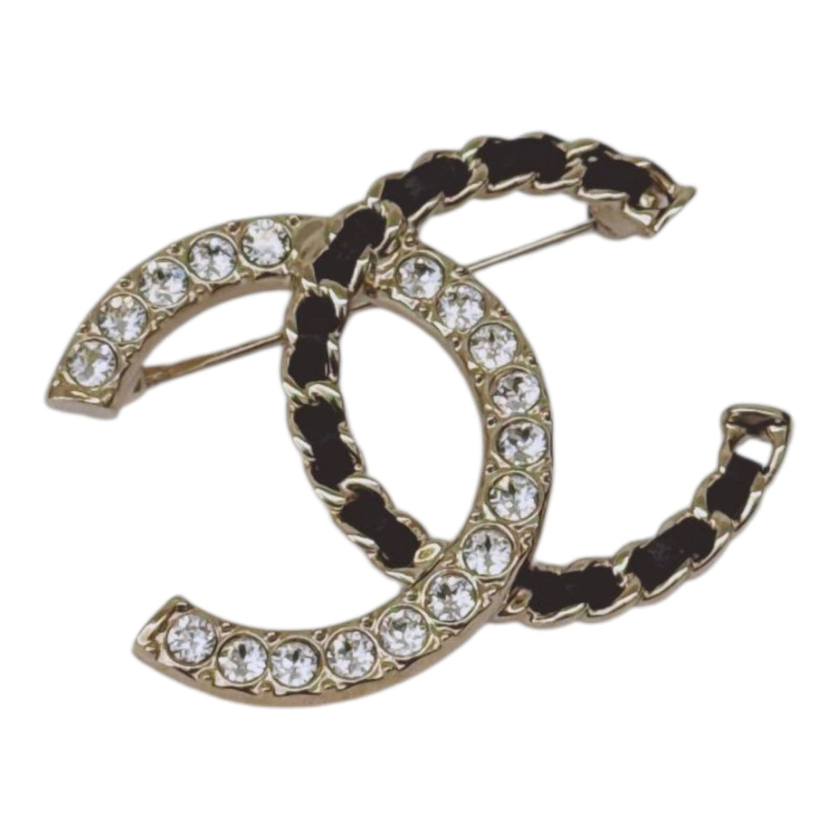 CC LOGO CRYSTAL AND LEATHER CHAIN GOLD TONE BROOCH