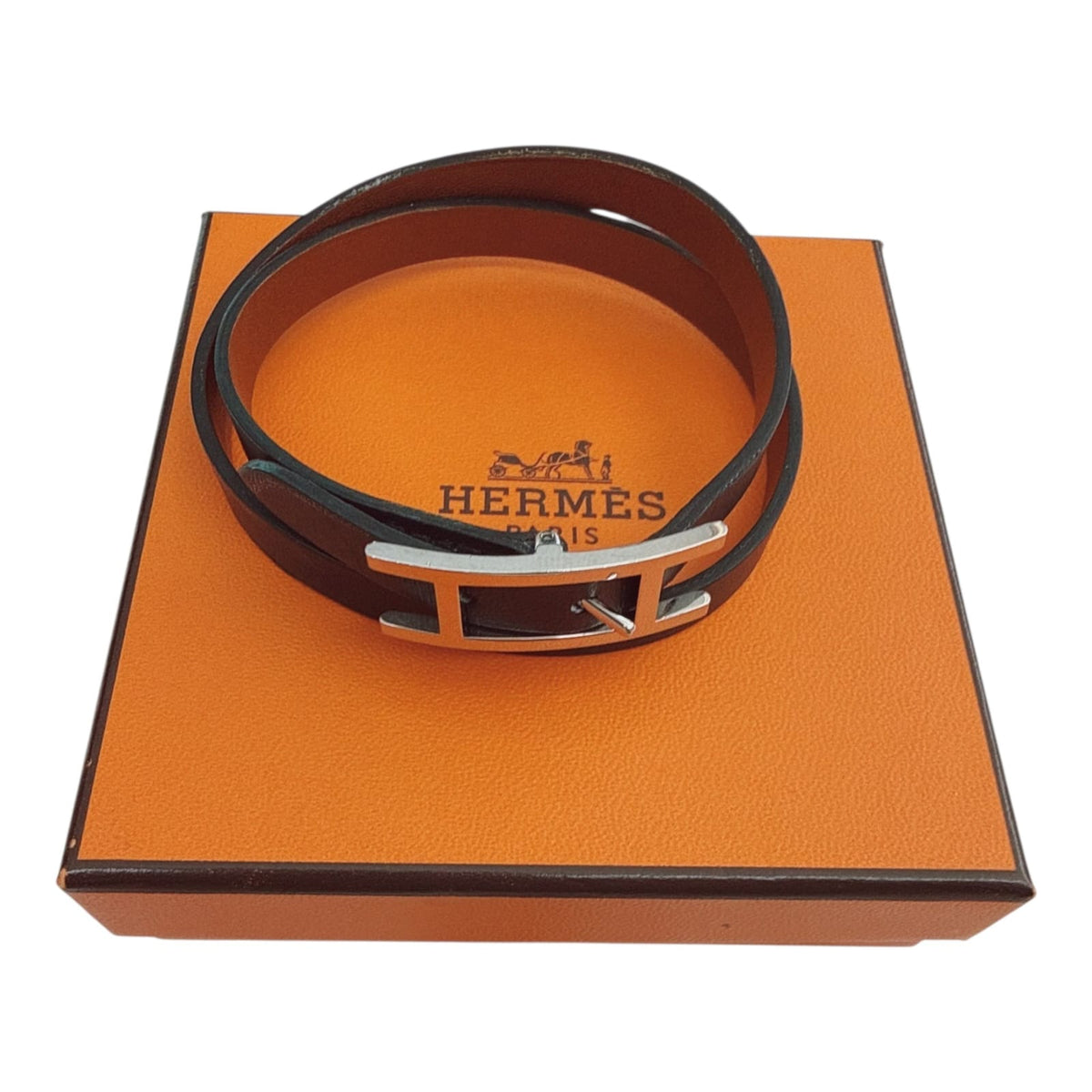 BLACK LEATHER BEHAPI DOUBLE TOUR BRACELET SILVER HARDWARE