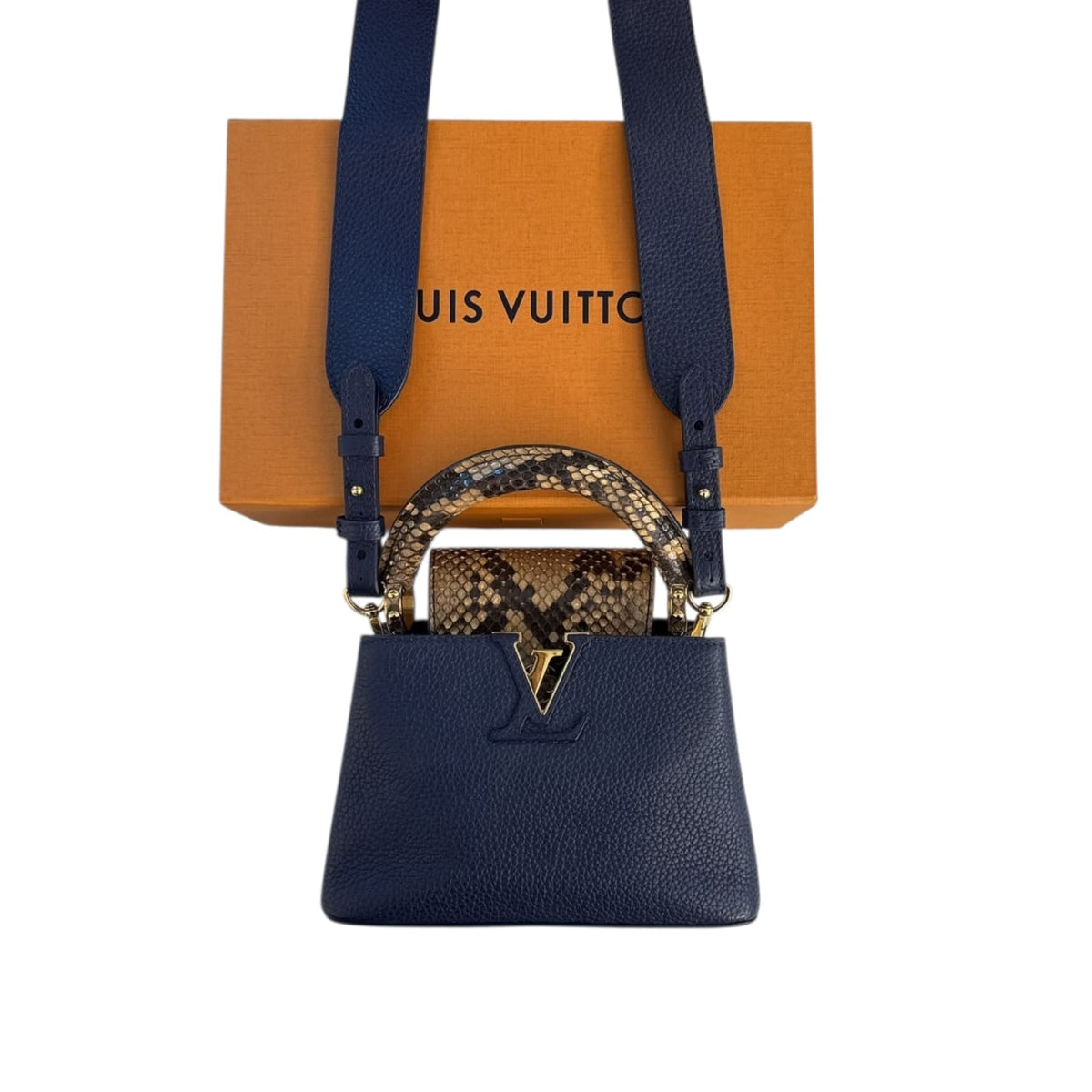 NAVY BLUE MINI CAPUCINES PYTHON TOP HANDLE BAG