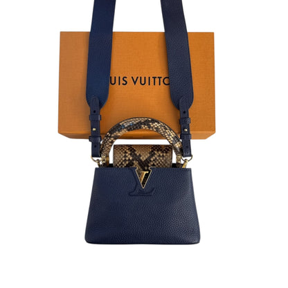 NAVY BLUE MINI CAPUCINES PYTHON TOP HANDLE BAG