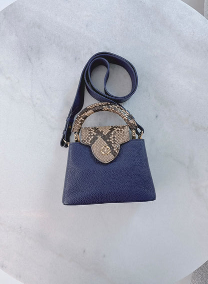 NAVY BLUE MINI CAPUCINES PYTHON TOP HANDLE BAG