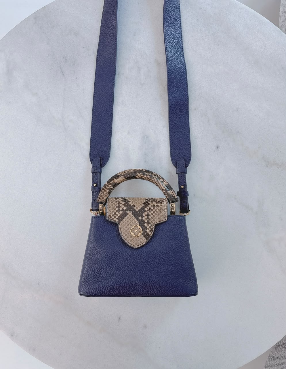 NAVY BLUE MINI CAPUCINES PYTHON TOP HANDLE BAG