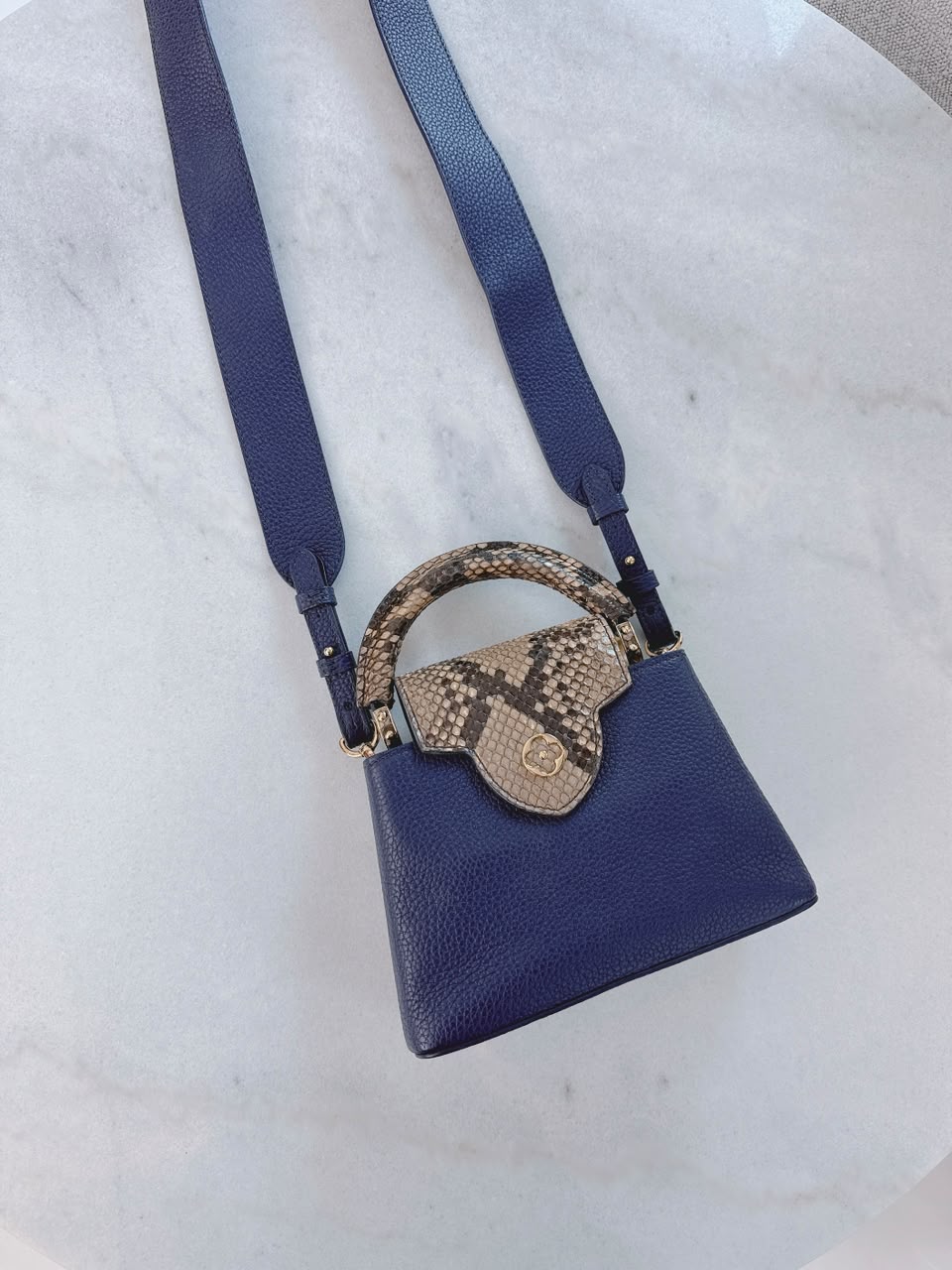 NAVY BLUE MINI CAPUCINES PYTHON TOP HANDLE BAG