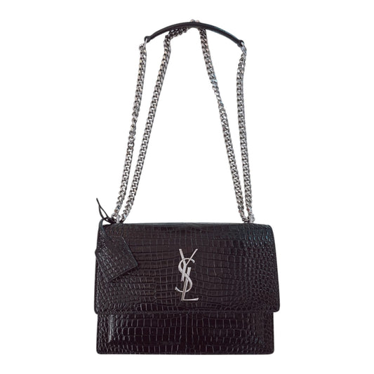 BLACK CROCODILE EMBOSSED LEATHER MEDIUM SUNSET SHOULDER BAG