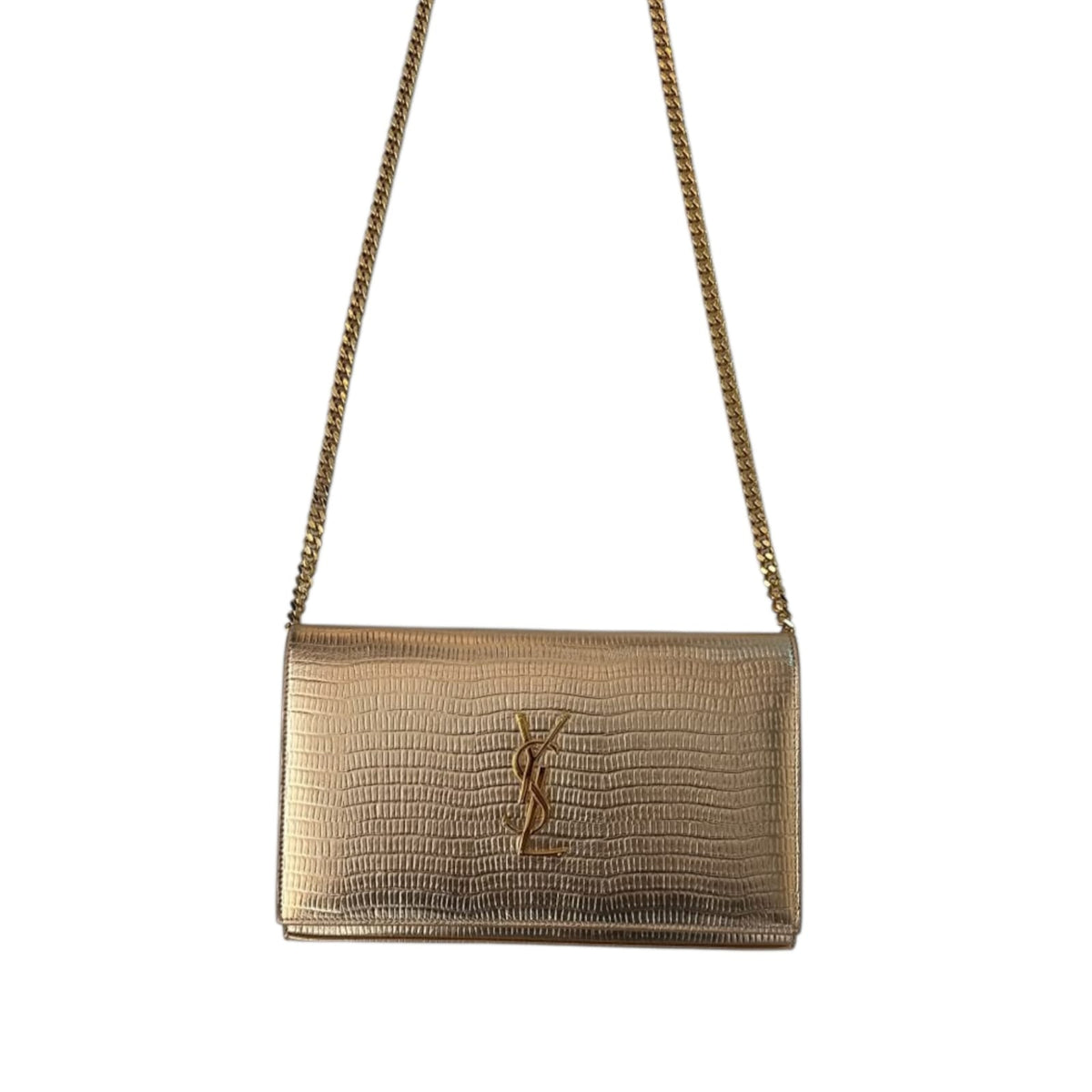 GOLD LIZARD EMBOSSED LEATHER MONOGRAM KATE SMALL SHOULDER BAG