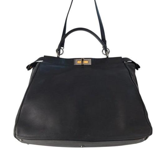 BLACK LEATHER CALF HAIR LARGE PEEKABOO SATCHEL BAG