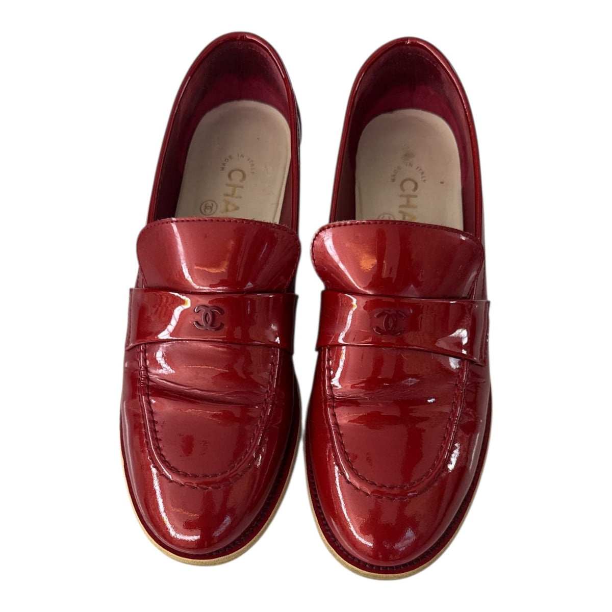 RED PATENT LEATHER CC SLIP ON LOAFERS 39