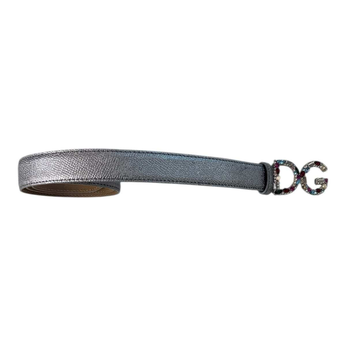 SILVER DAUPHINE LEATHER EMBELLISHED JEWELED LOGO BUKCLE BELT 70CM/28IN