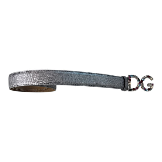 SILVER DAUPHINE LEATHER EMBELLISHED JEWELED LOGO BUKCLE BELT 70CM/28IN