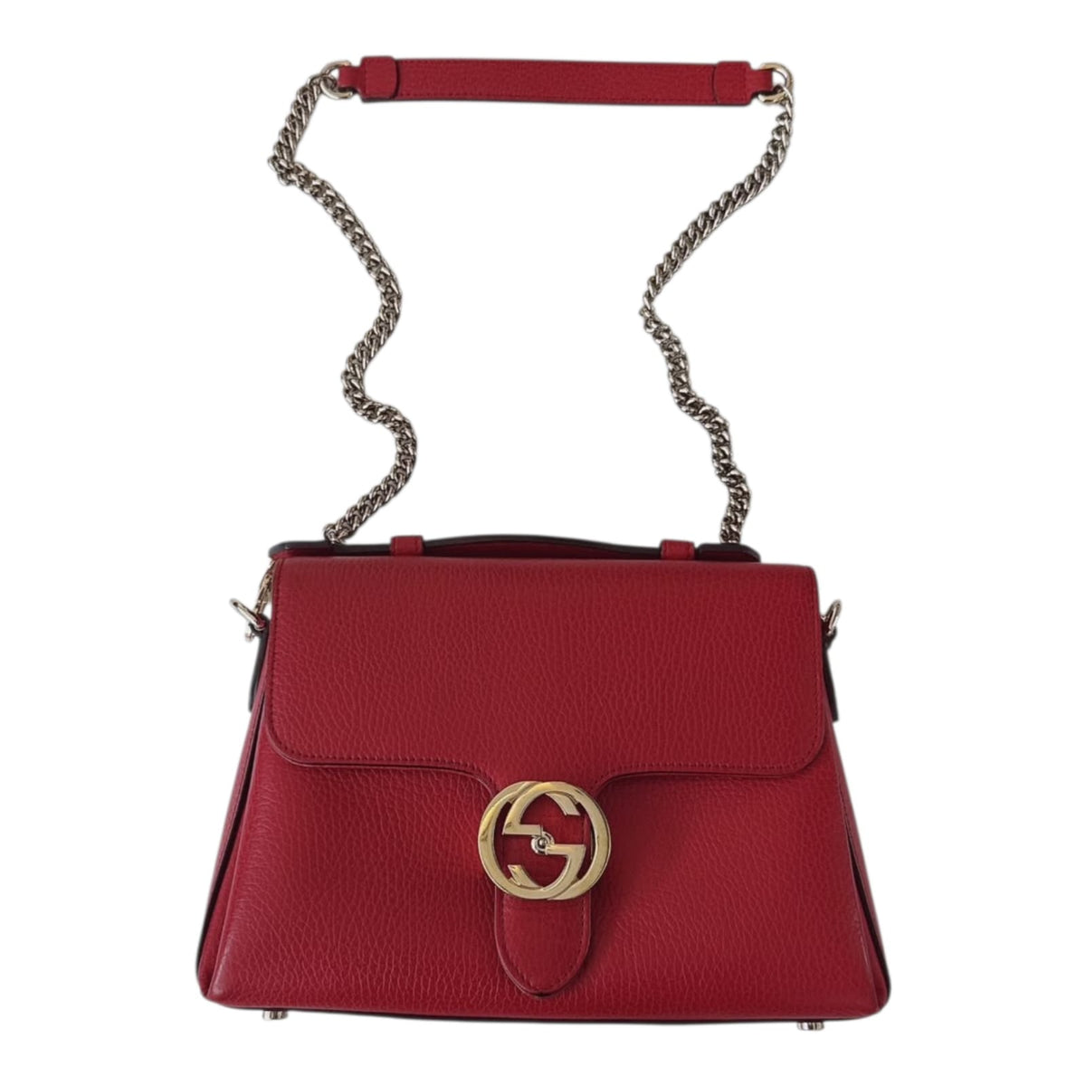 RED GRAINED CALFSKIN  INTERLOCKING G TOP HANDLE BAG GOLD TONE HARDWARE