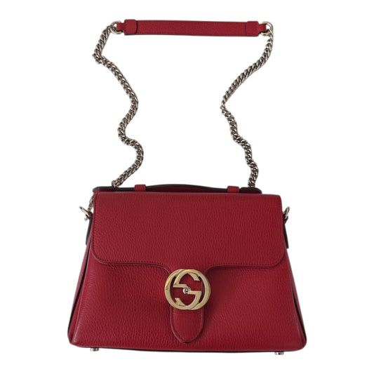 RED GRAINED CALFSKIN  INTERLOCKING G TOP HANDLE BAG GOLD TONE HARDWARE